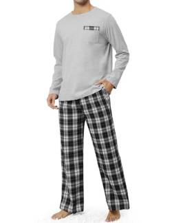 TOMEEK Schlafanzug Herren Lang Rundhals Pyjama Herren Zweiteiliger Set Baumwolle Langarm Shirt und Karierte Schlafanzughose mit Tasche Nachtwäsche(Grau schwarz weiß kariert,XL) von TOMEEK