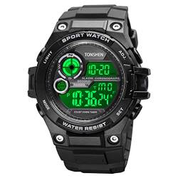 TONSHEN Herren Wasserdicht Uhren LED Elektronik Digitaluhr Outdoor Sportuhr Doppelte Zeit Alarm Stoppuhr Plastik Uhren (Schwarz) von TONSHEN