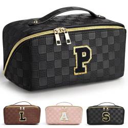 TOPEAST Reise-Make-up-Tasche, große Kapazität, Kosmetiktasche, Initial-Make-up-Organizer, Tasche, PU-Leder, karierte Kosmetiktasche mit Griff und verstellbarem Leoparden-Riemen, personalisierte von TOPEAST