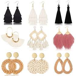 TOSGMY 9-12 Paare Rattan Ohrringe für Frauen Handgemachte Boho Quaste Ohrringe Leichte Acryl Ohrringe Set, Rattan, Zirkonia von TOSGMY