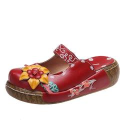 TOSOFT Damen Vintage Slide Sandalen Geschlossene Zehenpartie Komfort Pantoletten Keilabsatz Plateau Slipper Übergröße Wanderschuhe(Red,41) von TOSOFT