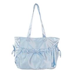 TQUXNGA Damen-Handtasche im japanischen Stil, süße plissierte Schleife, Schulmädchen, modisch, einfarbig, großes Fassungsvermögen, Nylon-Handtasche, hellblau von TQUXNGA