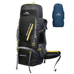 TRAWOC AEROSTRIKE 70L Reiserucksack für Wandern Trekking Tasche Camping Rucksack Tasche für Damen & Herren mit Regenschutz/Schuhfach HK008, 3 Jahre Garantie, Schwarz, XL, Modern von TRAWOC