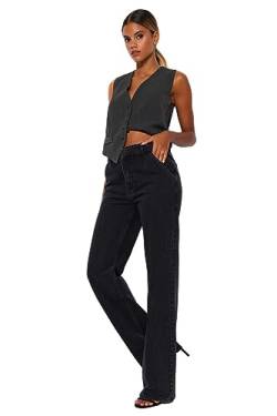 TRENDYOL Damen Gerade Weites Bein Hohe Taille Jeans, Schwarz, 32 von TRENDYOL