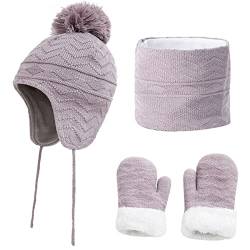 TROYSINC Baby Wintermütze Schal Handschuhe Set, Strickmütze Winter Babymütze mit Bommel, Kinder Bommelmütze Beanie Mütze für 1-6 Jahre Jungen Mädchen (Grau,L) von TROYSINC