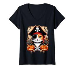 Damen Piraten-Katzen-Shirt, lustiges Halloween-Katzen-Shirt, Jolly Roger, Katzenliebhaber T-Shirt mit V-Ausschnitt von TS - SHOP