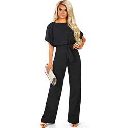 TSWRK Jumpsuit Damen Elegant Sommer Kurze Ärmel Playsuit Strand Höschen Overall Lang Romper, Schwarz, EU L(40) von TSWRK