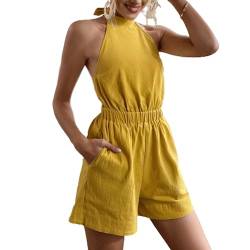 TSWRK Jumpsuit Damen Elegant festlich: Jumpsuit Damen Sommer Overall Damen festlich Ärmellos Romper Ärmellos Playsuit Hosenanzug Damen mit Gürtel Tasche Gelb S von TSWRK