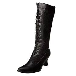 TT- Stiefel Hoch Damen mit Absatz und Lace Schnürstiefel Stiefelette Gothic Gladiator edel Winterstiefel Winterboots aus PU Leder Schwarz Weiß Übergangsschuhe Reißverschluss (Schwarz, 39) von TT-