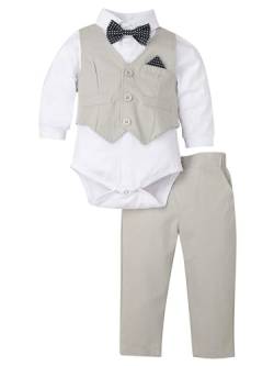 TTAO Baby Jungen Bekleidungssets Festlich Taufanzug 3tlg Smoking Strampler Shirt & Weste + Hose Set Gentleman Hochzeit Outfit 0-24 Monate Weiß 62-68 von TTAO