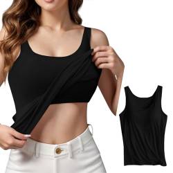 Damen Unterhemden Top Mit Integriertem BH Baumwolle Träger Shirts Frauen Tank Top Damen Lang BH Ohne Bügel Baumwolle Ärmellose Weste Damen Sommer Damentops Ärmellos Damen Sporttop Schwarz XL von TTFDJG