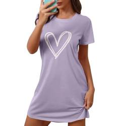 TTFDJG Big Shirt Damen Nachthemd Kurzarm Schlafanzug Damen Lang Shirtkleid Damen Sommer Freizeitkleid Sleepwear Nachthemden Für Damen Sommer Damen Pyjama Kurz Nachthemd Negligee Damen Lila L von TTFDJG