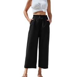 TTFDJG Damen 7/8 Hose Sommer Leinenhose Damen Sommer Musselin Hose Damen 7/8 Sommerhose Weites Bein Damen Weite Hose Damen Sommer Leichte Hose Damen Baumwolle Hose Weite Leinenhose Damen Schwarz L von TTFDJG