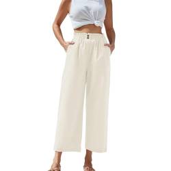 TTFDJG Damen Leinenhose 7/8 Sommerhose Damen Musselin Leinenhose Lässige Sommerhose Damen Hose Mit Weitem Bein Damen Hose Sommer Damen Leicht Hose Sommer Damen Hosen Sommerhose Gummizug Weiß M von TTFDJG