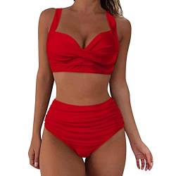 Badeanzug Damen Frauen Hohe Taille Bikini Sexy Push Up Zweiteilige Badeanzüge Vintage Badeanzug Zweiteiliger Retro Ruched Hohe Taille Druck Bikini Set Damen Badeshorts mit Taschen, rot, 40 von TTNTTR