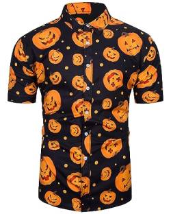 TUNEVUSE Herren Halloween Hemd Schädel Druck Scary Kürbis Kurzarm Casual Button Down Hemd Lustig Orange Groß von TUNEVUSE