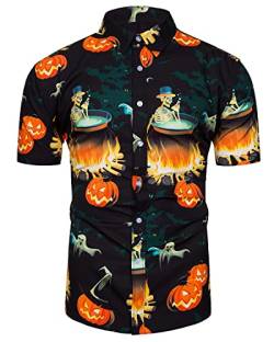 TUNEVUSE Herren Halloween Hemden Kurzarm Kürbis Button Down Hemd Lustiges Print Hemd Schwarz Mittel von TUNEVUSE