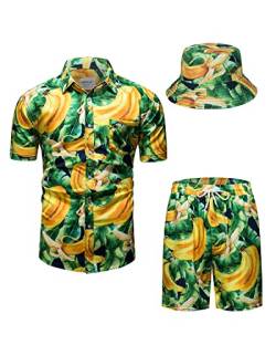 TUNEVUSE Herren Hawaiihemd und Shorts Set, 2-teiliges tropisches Set, Blumen bedruckte Knopf Strand Set mit Hut Gelb X-Large von TUNEVUSE