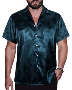 TUNEVUSE Männer Satin Shirt Glänzend Kurzarm Floral Button Down Jacquard Kleid Sommer Solid Shirt Tops S-5XL Dunkelgrün 5X-Large von TUNEVUSE