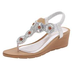 Sandalen Damen mit Absatz, Bequem Elegante Keilabsatz Schuhe Damen Damen Zehentrenner Sandalen Damen Weichen Sohlen Sommerschuhe Böhmische Strandschuhe Mode Glitzer Strass Keilabsatz Schuhe Damen von TUQIDEWU