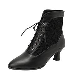 Schnürstiefel Damen Stiefeletten Blockabsatz Warm Gefüttert Ankle Boots Mittelhackige Kurze Stiefel Stiefel Damen Mit Absatz Womens Boots Spitzer Zehenpartie Retro Gummistiefel Damen Kurz Wadenhoch von TUQIDEWU