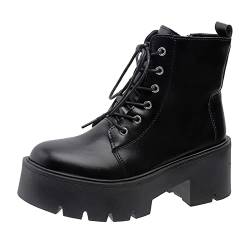 Schwarze Stiefel für Damen mit Absatz Frühling Herbst Schnürung Weiche Leder Plateauschuhe Frau Party Knöchelstiefel High Heels PunkA150 von TUQIDEWU