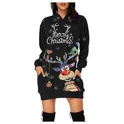 TWIOIOVE Weihnachtskleid Damen, Merry Christmas Hoodie Kleid Damen Weihnachtspullover Weihnachtskleider Hoodie Rentier Drucken Lang Casual Langarm Pulloverkleider Sweatshirtkleid mit Kapuze Taschen von TWIOIOVE