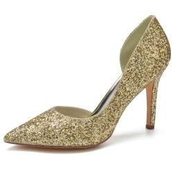 TXDYWZYGS Damen Hochzeits-Kitten-Heels mit geschlossenen Zehen, Rhinestones und Spitz-Zehen - Gefrostete Pumps mit hohen Absatz für Prom- und Brautkleider,Gold,38 von TXDYWZYGS