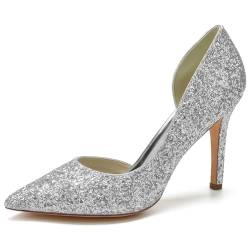 TXDYWZYGS Damen Hochzeits-Kitten-Heels mit geschlossenen Zehen, Rhinestones und Spitz-Zehen - Gefrostete Pumps mit hohen Absatz für Prom- und Brautkleider,Silber,35 von TXDYWZYGS