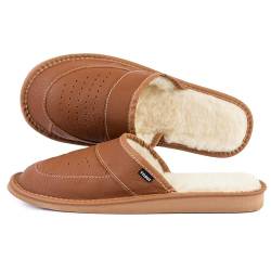 TYLBUT Herren Warm Hausschuhe Leder Pantoletten aus Leder Bequeme Schlappen Leichte Slipper mit EVA-Sohle von TYLBUT