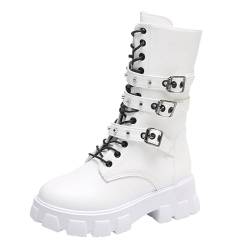 TYTUOO Cowboy Motorradstiefel für Frauen Tie Up Low Heel Seitlicher Reißverschluss Stiefeletten Reiten Biker Schnalle Kurze Stiefeletten (White, 43) von TYTUOO