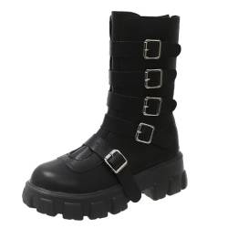 TYTUOO Cowboystiefel für Frauen High Top Dicke Sohle Verstellbare Schnallenriemen Stiefel Western Booties Winter Kleid Schuhe (Black, 41) von TYTUOO