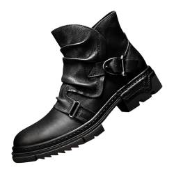 TYTUOO Cowboystiefel für Männer V-Schnitt Stiefeletten mit niedrigem Absatz und Schnallenriemen rutschfeste Reiten Biker Kurze Stiefeletten Kleid Schuhe (Black, 48) von TYTUOO