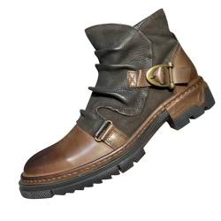 TYTUOO Cowboystiefel für Männer V-Schnitt Stiefeletten mit niedrigem Absatz und Schnallenriemen rutschfeste Reiten Biker Kurze Stiefeletten Kleid Schuhe (Brown, 41) von TYTUOO