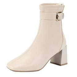 TYTUOO Damen Chunky Block High Heel Stiefeletten Quadratische Zehe PU Kurze Stiefeletten Winter Kleid Schuhe mit Rückenreißverschluss (White, 39) von TYTUOO