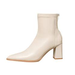 TYTUOO Damen Stiefeletten Quadratische Zehe Chunky Block Heel Stiefeletten Western Kurze Stiefel Winter Kleid Schuhe mit Rückenreißverschluss (White, 38) von TYTUOO