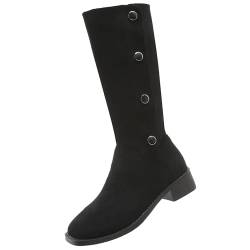 TYTUOO Frauen Slouch Mittelhohe Stiefel Quadratische Zehenpartie Knöpfe Niedrige Absätze Casual Stiefel Westernstiefel Winterkleid Schuhe (Black, 42) von TYTUOO