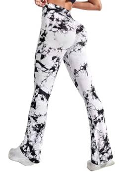 TZLDN Schlaghose Damen High Waist Yoga Hose Flared Leggings Bootcut Hose Push Up Scrunch Booty Lang Sporthose Laufhose A - Tie Dyed Weiß L von TZLDN