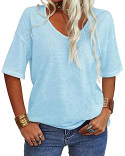 Tankaneo Damen V-Ausschnitt Kurzarm T-Shirt Casual Lose Basic Sommer Tops Halbarm Oversized Tunika Tee von Tankaneo