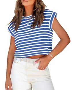 Tankaneo Kurzärmeliges Crop-T-Shirt für Damen, Sommer, gerollte Dolman-Ärmel, lässig, Rundhalsausschnitt, einfarbig, kurz, Basic-T-Shirts, S-Blue, Klein von Tankaneo