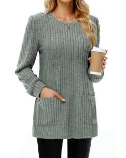 Tanmolo Damen Leichte Pullover Casual Rundhals Langarm Shirts mit Taschen Strickpullover Herbst Tunika Winter Oberteile Grün, S von Tanmolo