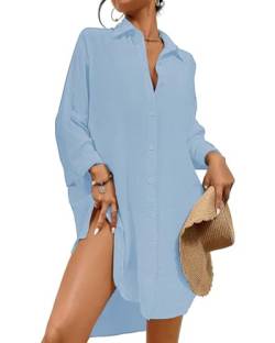 Tanmolo Damen Strandkleid Bikini Cover Up Sommer Strandbluse Strandhemd V-Ausschnitt Strandponcho Bademode Strand Vertuschen Shirt (Hellblau,L) von Tanmolo