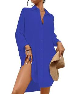 Tanmolo Damen Strandkleid Bikini Cover Up Sommer Strandbluse Strandhemd V-Ausschnitt Strandponcho Bademode Strand Vertuschen Shirt (Königsblau,S) von Tanmolo