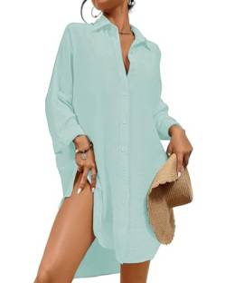 Tanmolo Damen Strandkleid Bikini Cover Up Sommer Strandbluse Strandhemd V-Ausschnitt Strandponcho Bademode Strand Vertuschen Shirt (Minzgrün,M) von Tanmolo