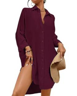 Tanmolo Damen Strandkleid Bikini Cover Up Sommer Strandbluse Strandhemd V-Ausschnitt Strandponcho Bademode Strand Vertuschen Shirt (Weinrot,M) von Tanmolo