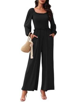 Jumpsuit Damen Lang Gesmoktes Brust Stretch Einteiler Overall Lässig Leicht Herbst Outfits Set Weite Bein Playsuit mit Taschen Schwarz XXL (50-52) von Tanou