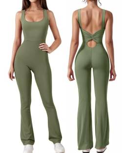 Lange Jumpsuit Damen Eng Flared Sexy Rückseite Aushöhlen Ärmellos Yoga Sport Anzug Armee Grün S von Tanou