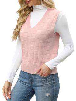 Tanou Gestrickt Pullunder Damen Ärmellos Kariertemuster Pulli Pullover Eleganter Strickweste Lässiger V-Ausschnitt Weich Rosa M 42-44 von Tanou