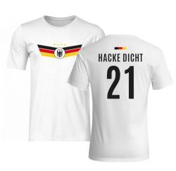 Deutschland T-Shirt - Hacke Dicht - Fußball-Trikot lustig mit Spruch und Fahne - EM 2024 Europameisterschaft (DE/NL/SE/PL, Alphanumerisch, XXL, Regular, Regular, Weiß, Hacke Dicht) von Tassenbrennerei