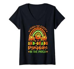 Damen I Teach The Cutest 2nd Grade Pumpkins Thanksgiving Teacher T-Shirt mit V-Ausschnitt von Teacher Thanksgiving Costume